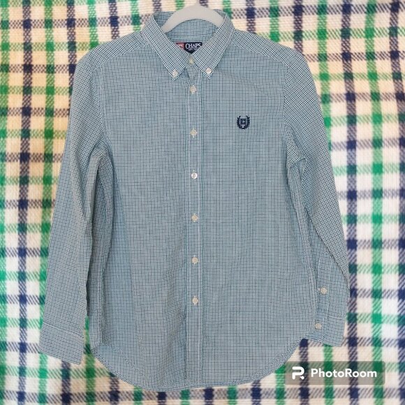 Boy's Chaps Long Sleeve Button Down Blue and Green Check Shirt Size Large 14/16 - Picture 1 of 12